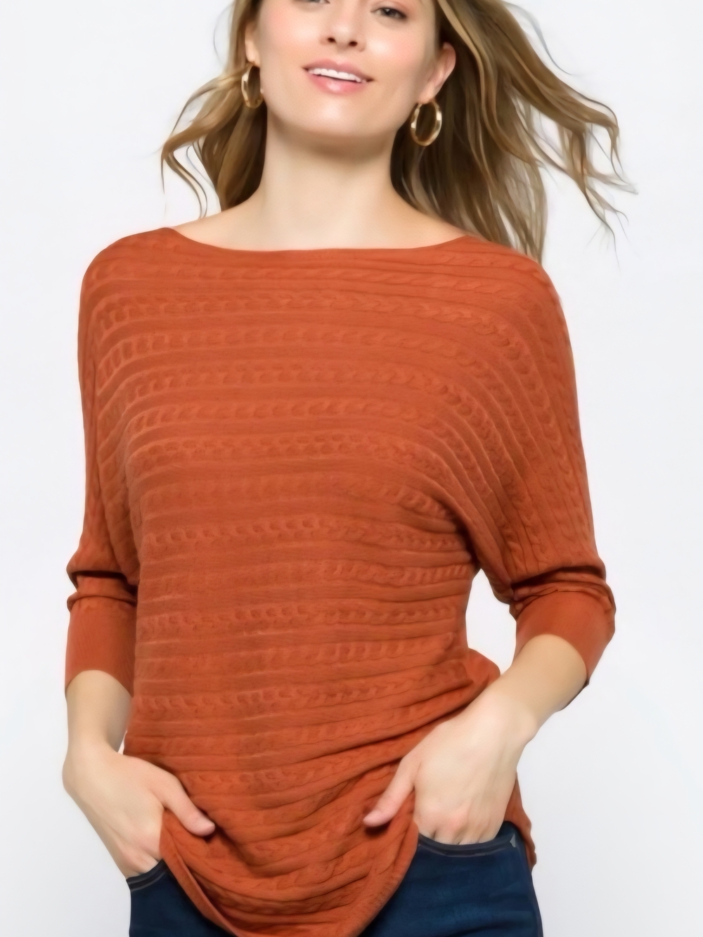 Market & Spruce Burnt Orange Cable-Knit Scoop Neck Sweater